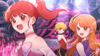 3girls :d amamiya_rizumu bare_shoulders blonde_hair blue_eyes blunt_bangs brown_eyes commentary english_commentary glowstick harune_aira hat idol logo long_hair looking_at_viewer meng_(prism_shining) mini_hat multiple_girls open_mouth orange_hair penlight_(glowstick) pretty_rhythm pretty_rhythm_aurora_dream pretty_series red_hair red_shirt shirt short_hair side_ponytail signature smile sparkle takamine_mion upper_body