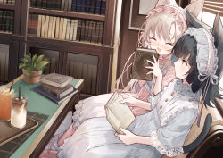 Rule 34 | 2girls, :d, ^ ^, animal ears, black hair, blush, book, book stack, bookshelf, brown hair, cat ears, cat girl, cat tail, closed eyes, commentary request, couch, cup, day, dress, drinking glass, drinking straw, flower pot, grey dress, grey eyes, highres, holding, holding book, ice, ice cube, indoors, long hair, multiple girls, on couch, open book, open mouth, original, pink dress, plant, potted plant, short sleeves, sitting, smile, sunlight, tail, tokuno yuika, tray, very long hair, window, window blinds