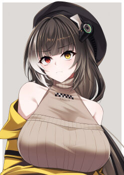 Rule 34 | 1girl, absurdres, arm under breasts, bare shoulders, beret, black hat, border, breasts, brown hair, brown sweater, collarbone, commentary request, girls' frontline, girls' frontline 2: exilium, grey background, hat, heterochromia, highres, jacket, kamiya (kamiya19930330), large breasts, long hair, multicolored hair, off shoulder, red eyes, ro635 (girls' frontline), robella (girls' frontline 2), simple background, solo, streaked hair, sweater, two-tone hair, upper body, white border, white hair, yellow eyes, yellow jacket