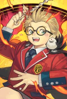 1boy animal animal_on_shoulder bird black_cape black_necktie blonde_hair blush cape coat commentary_request crave_saga fire highres holding holding_wand looking_at_viewer male_focus necktie nine_(crave_saga) official_alternate_costume open_mouth phoenix red_coat round_eyewear shigeru_(shounen_zoom) shirt smile wand white_shirt