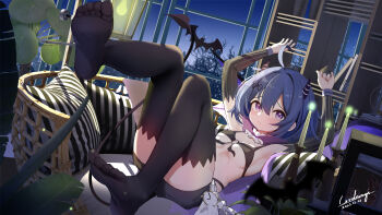 Rule 34 | 1girl, absurdres, ahoge, bat (animal), bikini, black bikini, black shorts, black thighhighs, blue hair, breasts, commentary, corderoy, couch, dated, detached sleeves, highres, honkai (series), honkai gakuen, looking at viewer, night, no shoes, on couch, purple eyes, seele vollerei, short hair, shorts, small breasts, soles, solo, swimsuit, thighhighs, thighs, toes