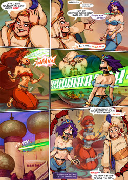 2girls ankle_cuffs arabian_clothes ball_gag bare_shoulders bdsm bit_gag black_choker blue_shirt blush bob_cut bondage bound bra bra_lift breasts breasts_apart choker clothes_lift collar collarbone colored_skin control_freak_(dc) controller cosplay covered_erect_nipples dc_comics earrings english_text eyelashes fat fat_man female_orgasm forehead_jewel gag gagged gem green_eyes groin hair_ornament harness highres indoors jasmine_(disney) jasmine_(disney)_(cosplay) jewelry laser linea_alba long_hair lying mechanical_arms medium_breasts midriff multi-tied_hair multiple_girls navel necklace nipples off-shoulder_shirt off_shoulder orgasm pale_skin parted_bangs ponytail purple_eyes purple_hair raven_(dc) red_hair red_lips remote_control sane-person shiny_skin shirt short_hair smile standing starfire tamaranean teen_titans teeth toon_(style) underwear upper_teeth_only very_long_hair wrist_cuffs