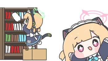 +_+ 2girls :3 :d \o/ animal_ear_headphones animal_ears apron aqua_bow aqua_bowtie arm_up arms_up black_dress black_outline black_tail blonde_hair blue_archive blush_stickers book bookshelf bow bowtie box cardboard_box cat_ear_headphones cat_ears cat_tail chamsheol chibi chibi_only cleaning closed_mouth collared_dress commentary dress duster fake_animal_ears fake_tail frilled_dress frills from_behind full_body green_bow green_eyes green_halo hair_bow halo headphones highres holding holding_duster leg_up long_sleeves looking_ahead looking_at_viewer low_twintails maid maid_apron maid_headdress medium_hair midori_(blue_archive) midori_(maid)_(blue_archive) momoi_(blue_archive) momoi_(maid)_(blue_archive) multiple_girls no_shoes official_alternate_costume official_alternate_hairstyle on_box open_mouth outline outstretched_arms pantyhose peeking_out pink_eyes pink_halo profile puffy_long_sleeves puffy_sleeves siblings sidelocks simple_background sisters smile standing standing_on_box standing_on_one_leg tail twins twintails upper_body white_apron white_background white_bow white_headdress white_pantyhose