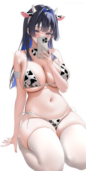1girl absurdres alternate_costume animal_ear_hairband animal_ears animal_print bare_shoulders bikini black_hair blue_eyes blue_hair blush breasts cellphone cleavage colored_inner_hair commentary_request cow_ears cow_print cow_print_bikini fake_animal_ears fingernails hair_intakes hairband highres holding holding_phone hololive hololive_english iphone large_breasts long_hair looking_at_viewer lyusiola multicolored_hair navel ouro_kronii phone print_bikini seiza side-tie_bikini_bottom sideboob simple_background sitting smartphone solo stomach swimsuit thighhighs underboob very_long_hair virtual_youtuber white_background white_hairband white_thighhighs