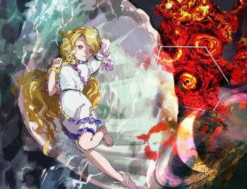 1girl abstract_background blonde_hair clam_shell_ornament commentary_request dress expressionless frills full_body highres kaigen_1025 long_hair lying on_back parted_lips short_sleeves solo touhou very_long_hair watari_nina water wavy_hair white_dress yellow_eyes