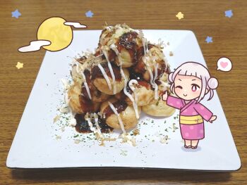 Rule 34 | 1girl, arashi chisato, blush, bonito flakes, c:, chibi, commentary request, double bun, food, full body, full moon, grey hair, hair bun, heart, japanese clothes, kimono, long sleeves, love live!, love live! superstar!!, medium hair, miyaco (shirataki 168), moon, obi, one eye closed, photo background, pink eyes, pink kimono, polka dot, polka dot kimono, sash, sidelocks, smile, solo, speech bubble, spoken heart, standing, star (symbol), takoyaki, thumbs up, twintails, yellow sash, yukata