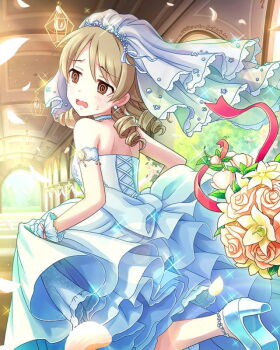 1girl @_@ bridal_veil brown_eyes brown_hair card_(medium) ceiling_light dress earrings flower game_asset high_heels idolmaster idolmaster_cinderella_girls jewelry morikubo_nono official_art open_mouth petals ringlets solo tree veil