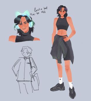 Rule 34 | 1girl, alternate costume, black hair, black shirt, clothes around waist, crop top, curtained hair, full body, hand on own hip, headphones, highres, jacket, jacket around waist, kdj143637, multiple views, omniscient reader's viewpoint, shirt, shoes, short hair, sleeveless, sleeveless shirt, smirk, sneakers, socks, solo, stomach, tan, white socks, yoo joonghyuk