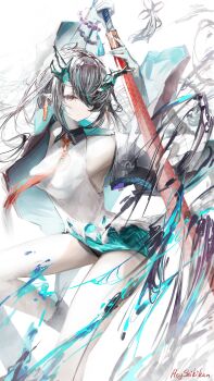 1girl absurdres arknights bare_shoulders bead_bracelet beads black_hair bracelet colored_skin commentary dragon_girl dragon_horns dragon_tail dusk_(arknights) eastern_dragon_tail english_commentary green_hands green_horns green_skin hair_over_one_eye heyshikikan highres horns jewelry long_hair looking_at_viewer multicolored_hair necktie pointy_ears red_eyes solo streaked_hair tail