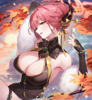 1girl :d arm_behind_head aru_(blue_archive) aru_(flowery_charms)_(blue_archive) autumn autumn_leaves bare_shoulders black_dress blue_archive blunt_bangs blush breasts cano852 china_dress chinese_clothes cleavage cleavage_cutout clothing_cutout commentary cowboy_shot demon_girl demon_horns detached_sleeves dress film_grain from_side fur_shawl hair_bun hair_ornament hair_stick halo hand_up highres horns large_breasts leaf looking_at_viewer mahjong_soul maple_leaf medium_hair official_alternate_costume official_alternate_hairstyle open_mouth outdoors pink_hair pink_halo profile shawl single_hair_bun sitting smile solo thigh_strap yellow_eyes