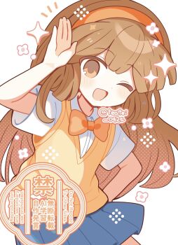 Rule 34 | 1girl, ;d, arm up, blue skirt, blunt bangs, blush, bow, bowtie, brown eyes, brown hair, collared shirt, commentary request, cowboy shot, double-parted bangs, hairband, hand on own hip, highres, inazuma eleven (series), inazuma eleven go, long hair, looking at viewer, nanobana kinako, one eye closed, open mouth, orange bow, orange bowtie, orange hairband, pleated skirt, shirocha tei, shirt, short sleeves, simple background, skirt, smile, solo, twitter username, vest, watermark, white background, white shirt, yellow vest