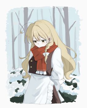 1girl apron arms_behind_back black_skirt black_vest blonde_hair blush bow braid closed_mouth commentary_request hair_bow highres kirisame_marisa long_hair long_sleeves mati100311 no_headwear outdoors red_scarf scarf side_braid single_braid skirt snow solo touhou very_long_hair vest waist_apron white_apron white_bow yellow_eyes