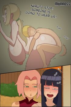 1boy 3girls age_difference black_hair blonde_hair breasts brown_eyes byakugan completely_nude doggystyle english_text grabbing_from_behind green_eyes haruno_sakura highres huge_breasts hyuuga_hinata multiple_girls munross naruto_(series) naruto_shippuuden nipples nude open_mouth pink_hair sex sex_from_behind shota size_difference smile sweat tsunade_(naruto) twintails uzumaki_naruto