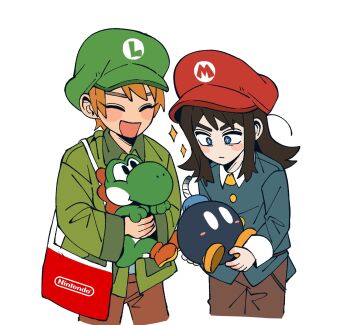 1boy 1girl abaddon_(haunted_hotel) bag blue_coat blue_eyes bob-omb brown_hair coat commentary_request cowboy_shot creature cropped_legs esther_freeling green_coat hat haunted_hotel highres holding holding_creature insidej043 korean_commentary long_hair luigi_hat mario_(series) mario_hat newsboy_cap nintendo orange_hair short_hair simple_background sparkling_eyes standing white_background yoshi