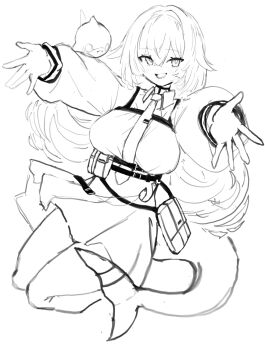 1girl :d belt blush breasts cetacean_tail chest_strap choker collared_shirt fins fish_tail floating grey_hair hair_between_eyes hair_intakes highres large_breasts long_hair long_sleeves looking_at_viewer multiple_belts naz_(736) necktie open_mouth outstretched_arms outstretched_hand pouch puffy_sleeves rurune_(vrchat) shark shark_girl sharp_teeth shirt sidelocks sketch skirt smile solo tail teeth very_long_hair vrchat white_background white_shirt