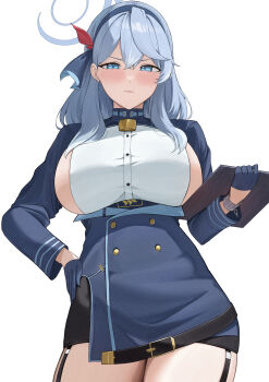 1girl absurdres ako_(blue_archive) blue_archive blue_eyes blue_gloves blue_hair blue_hairband blue_halo blue_jacket blush breasts closed_mouth commentary gloves hairband halo highres jacket large_breasts long_sleeves looking_at_viewer medium_hair ref_(pmxt4483) simple_background solo thighs white_background