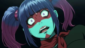 1girl :o animated animated_gif anime_screenshot ascot black_leotard blush blush_stickers breasts clenched_teeth dutch_angle excited heart kamen_rider large_breasts leotard looking_at_viewer mind_break mucus night outstretched_arms purple_hair red_ascot ryona shocker_(kamen_rider) solo surprised sweat sweatdrop teardrop tears teeth toujima_tanzaburou_wa_kamen_rider_ni_naritai trembling twintails wavy_eyes wavy_mouth yukarisu