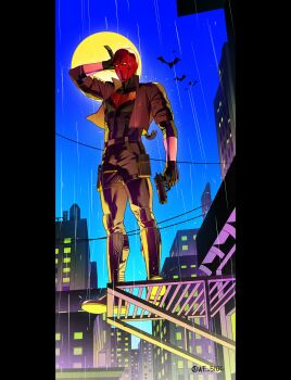 1boy absurdres bat_signal batman_(series) batman_symbol black_bodysuit black_gloves bodysuit brown_jacket dc_comics gloves grey_bodysuit highres jacket jason_todd male_focus mask multicolored_bodysuit muscular muscular_male open_clothes pants red_hood_(dc) red_hood_and_the_outlaws red_mask superhero_costume taut_bodysuit two-tone_bodysuit we_5104 western_comics_(style)