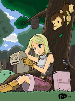 1girl banana blonde_hair blue_eyes blue_sky boots brown_boots brown_gloves chest_guard cloud cokeboy commentary day english_commentary feet_out_of_frame food fruit gloves grey_hairband grey_shirt hairband holding holding_map leaf map monkey mushroom novice_(ragnarok_online) outdoors poporing purple_shorts ragnarok_online shirt short_hair shorts sky sleeveless sleeveless_shirt slime_(creature) solo tree under_tree yoyo_(ragnarok_online)