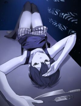 1boy antenna_hair arms_up black_eyes black_hair black_shorts black_tank_top black_thighhighs collarbone colored_skin double-parted_bangs hair_between_eyes highres knees_up knife lying male_focus omore47858045 omori omori_(omori) on_back short_hair shorts solo striped_clothes striped_shorts syringe tank_top thighhighs two-tone_shorts vertical-striped_clothes vertical-striped_shorts white_shorts white_skin