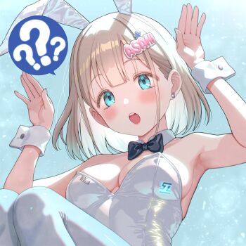 1girl :o ? animal_ear_hairband animal_ears armpits black_bow black_bowtie blunt_bangs blush bow bowtie breasts commentary_request detached_collar earrings fake_animal_ears fingernails grey_hair hairband hands_up idolmaster idolmaster_shiny_colors jewelry legs_folded leotard nail_polish playboy_bunny rabbit_ear_hairband rabbit_ears rabbit_pose serizawa_asahi shizuru_(daikoukaizidai) short_hair small_breasts solo spoken_question_mark strapless strapless_leotard white_leotard wrist_cuffs