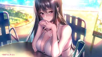 1girl amakano_2 bare_arms bare_shoulders bikini blush breast_rest breasts breasts_on_table brown_hair chair cleavage closed_mouth collarbone eyes_visible_through_hair hair_between_eyes hands_up kurohime_yuuhi large_breasts light_smile long_hair looking_at_viewer official_art on_chair outdoors own_hands_together piromizu red_eyes round_table second-party_source shade sitting solo swimsuit table water wet wet_hair white_bikini