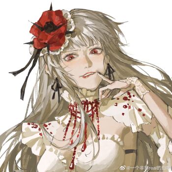 babydoll biting_own_lip blush ccccl. chinese_commentary collar commentary coquelic_(path_to_nowhere) detached_collar fang fascinator flower frilled_collar frills hair_flower hair_ornament highres jewelry long_hair looking_at_viewer making_faces necklace path_to_nowhere poppy_(flower) red_eyes red_flower ribbon_earrings simple_background smile thorns upper_body white_babydoll white_background white_hair