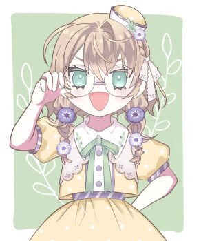 1girl adjusting_eyewear arm_behind_back blush border braid brown_hair collared_shirt flower glasses green_background green_eyes green_ribbon grey-framed_eyewear hair_flower hair_ornament hair_over_shoulder hair_ribbon half_crown_braid hand_on_own_hip hand_up hat highres long_hair looking_at_viewer low_twin_braids mini_hat neck_ribbon nijisanji nukadoko_dive open_mouth outside_border polka_dot polka_dot_shirt polka_dot_skirt puffy_short_sleeves puffy_sleeves purple_flower ribbon round_eyewear shirt short_sleeves simple_background single_hair_intake skirt solo standing tilted_headwear twin_braids upper_body v-shaped_eyebrows virtual_youtuber white_border white_ribbon yaguruma_rine yellow_shirt yellow_skirt