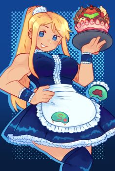 1girl alternate_costume apron blonde_hair blue_background blue_border blue_dress blue_eyes blue_outline blue_thighhighs blue_wrist_cuffs border chocolate_syrup commentary dress english_commentary enmaided feet_out_of_frame food frilled_dress frilled_wrist_cuffs frills fruit grin halftone halftone_background hand_on_own_hip helmet highres holding holding_tray hoshizora_lone ice_cream light_blush long_hair long_sidelocks looking_at_viewer maid maid_apron maid_headdress metroid metroid_(creature) metroid_larva nintendo outline parted_bangs ponytail samus_aran sidelocks sleeveless sleeveless_dress smile strawberry sundae thighhighs tray unworn_headwear unworn_helmet wafer_stick wrist_cuffs zettai_ryouiki