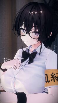 1boy 3d :| absurdres black_hair bow bowtie breasts closed_mouth expressionless glasses highres indoors jimiko kazama_ritsuko large_breasts light_blush looking_at_viewer ponytail purple_eyes school_uniform solo solo_focus sweat sweatdrop vrc_marvelous vrchat wristband