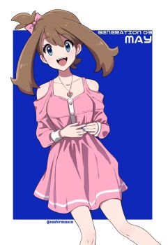 1girl :d alternate_costume bare_shoulders blue_background border brown_hair character_name collarbone commentary_request dress eyelashes grey_eyes happy jewelry knees looking_at_viewer may_(pokemon) nail_polish nashirasauce necklace nintendo one_side_up open_mouth pink_dress pokemon pokemon_rse smile solo teeth tongue twitter_username upper_teeth_only white_border