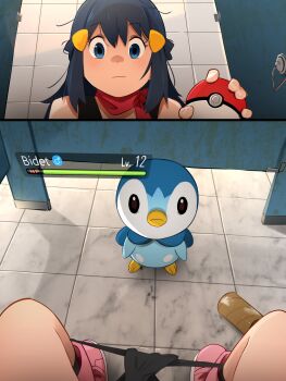 1girl 2koma :l black_panties black_socks blue_eyes blue_hair boots closed_mouth comic dawn_(pokemon) expressionless gen_4_pokemon hair_ornament hairclip hand_up heads-up_display health_bar highres holding holding_poke_ball indoors khyle. long_hair looking_at_viewer marble_(stone) messy_hair mundane_utility nintendo panties panties_around_ankles panty_pull pink_boots piplup poke_ball poke_ball_(basic) pokemon pokemon_(creature) pokemon_diamond/pearl/platinum pov public_restroom red_scarf scarf silent_comic socks thighs tile_floor tiles toilet_paper_tube toilet_stall toilet_use underwear user_interface