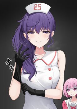 2girls :i asahina_mafuyu bare_arms bare_shoulders black_gloves blunt_bangs blush bob_cut breasts buttons closed_mouth collarbone collared_dress commentary dot_nose dress gloves grey_shirt hair_between_eyes hair_over_shoulder half-closed_eyes hand_up hat highres hood hood_down hooded_jacket jacket kunizaki large_breasts long_hair looking_at_another looking_at_viewer miyamasuzaka_girls&#039;_academy_school_uniform multiple_girls neckerchief number_print nurse_cap ootori_emu open_clothes open_jacket pink_eyes pink_hair pink_jacket ponytail project_sekai purple_eyes purple_hair red_neckerchief rubber_gloves sailor_collar scared school_uniform shirt short_hair sidelocks simple_background sleeveless sleeveless_dress smile sweat translation_request turn_pale upper_body white_dress white_sailor_collar