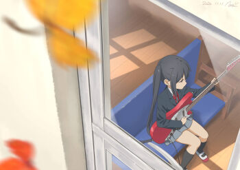 1girl autumn_leaves black_hair blazer blurry blurry_foreground brown_eyes cable dated electric_guitar errant fender_mustang guitar highres indoors instrument jacket k-on! leaf long_hair nakano_azusa pleated_skirt sakuragaoka_high_school_uniform school_uniform sitting skirt solo twintails