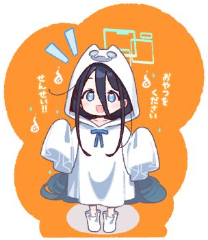 1girl :d aris_(blue_archive) black_hair blue_archive blue_eyes blush commentary_request dot_nose double-parted_bangs full_body green_halo hair_between_eyes halloween halloween_costume halo hitodama long_hair long_hair_between_eyes long_sleeves looking_at_viewer notice_lines open_mouth orange_background rectangular_halo shoes sleeves_past_fingers sleeves_past_wrists smile solo sparkle standing translation_request white_shoes yoru_nai