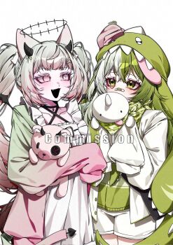 2girls camisole commission dinosaur_hat fang gradient_hair green_eyes green_hair halo highres horns jacket long_hair multicolored_hair multiple_girls open_mouth original petting pink_eyes pink_hair shorts simple_background smile split-color_hair suillus twintails very_long_hair white_background white_camisole white_hair white_jacket white_shorts