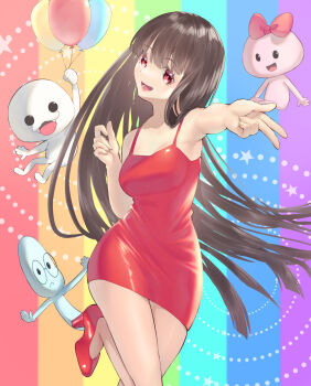 Rule 34 | 2boys, 2girls, :d, balloon, black hair, blue skin, bow, breasts, brown eyes, colored skin, commentary, dress, girl (minna no rhythm tengoku), glasses, hair bow, hair ribbon, highres, holding, holding balloon, imomushi (pixiv 13874680), kamok (rhythm tengoku), large breasts, long hair, looking at viewer, mash (rhythm tengoku), minna no rhythm tengoku, multiple boys, multiple girls, open mouth, pink skin, rainbow background, reaching, reaching towards viewer, red dress, red shoes, rhythm tengoku, ribbon, ribbon-chan (rhythm tengoku), shoes, sleeveless, smile, tight clothes, tight dress, very long hair, white skin, wide hips