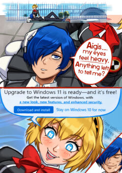 1boy 1girl aigis_(persona) bags_under_eyes black_jacket black_pants blonde_hair blue_eyes blue_sky breasts collared_shirt commentary day english_commentary english_text gekkoukan_high_school_uniform hair_between_eyes hair_over_one_eye hairband highres jacket lap_pillow long_sleeves medium_breasts neggoartz open_mouth outdoors pants persona persona_3 school_uniform shirt short_hair sky smile speech_bubble symbol-shaped_pupils white_shirt yuuki_makoto_(persona_3)