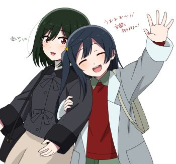 Rule 34 | 2girls, :d, ^ ^, bag, black bag, black hair, black jacket, brown skirt, closed eyes, coat, collared shirt, commentary request, cowboy shot, green hair, green shirt, grey coat, hair ornament, handbag, highres, jacket, long hair, long sleeves, looking at viewer, love live!, love live! nijigasaki high school idol club, love live! nijigasaki high school idol club the movie - finale, medium hair, mifune shioriko, multiple girls, necchi, official alternate costume, one side up, open clothes, open coat, open mouth, red eyes, red sweater, shirt, simple background, skirt, smile, sweater, translation request, triangle hair ornament, turtleneck, turtleneck sweater, waving, white background, white sweater, yuki setsuna