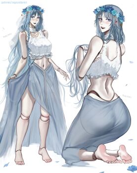 1girl alternate_breast_size_(larger) ass back bare_shoulders barefoot blue_eyes blue_hair blue_skirt braid choker clothes_lift commentary crop_top doll_joints dress elden_ring elden_ring_nightreign english_commentary english_text feet flower flower_wreath frilled_dress frills hands_in_own_hair head_wreath highres jewelry joints kneeling long_hair low_twin_braids multiple_views navel necklace patreon_username ragecndy revenant_(elden_ring) signature skirt skirt_lift smile standing thighs toenails twin_braids veil white_background white_choker white_veil
