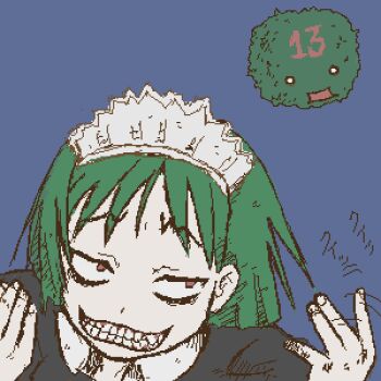 1girl blue_background creature evil_grin evil_smile female_focus futaba_channel green_hair grin iya_maid lowres maid maid_headdress marimo neji_(futaba) oekaki short_hair simple_background smile solo