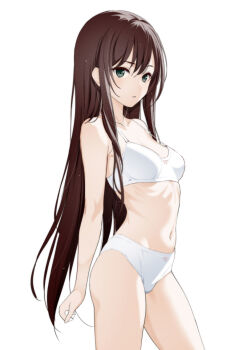 1girl arm_at_side bow bow_bra bow_panties bra breasts brown_hair choppy_bangs collarbone commentary_request commission cowboy_shot crease expressionless from_side grey_eyes highres large_variant_set long_hair looking_at_viewer looking_to_the_side medium_breasts moonsorrow navel original panties parted_lips pixiv_commission ribs scan simple_background solo standing stomach straight_hair underwear underwear_only variant_set very_long_hair white_background white_bra white_panties