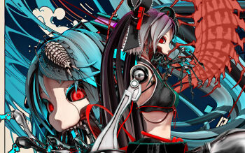 3d animal animal_on_head calne_ca_(deino) cropped cropped_shirt deino_(deino3330) grey_hair highres isopod looking_at_viewer mechanical_arms multiple_views nato-kun on_head original red_eyes single_mechanical_arm twintails upper_body