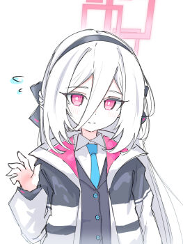 1girl absurdres black_hairband black_vest blue_archive blue_necktie collared_shirt commentary_request flying_sweatdrops hair_between_eyes hairband halo hand_up highres jacket kei_(blue_archive) kei_(new_body)_(blue_archive) light_blush long_hair long_hair_between_eyes long_sleeves looking_at_viewer mnx2ek0 necktie pink_eyes pink_halo rectangular_halo ringed_eyes shirt simple_background solo upper_body vest waving white_background white_hair white_jacket white_shirt