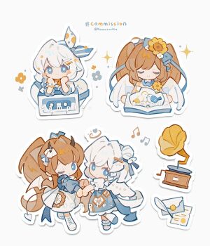 2girls ;) blue_eyes blue_skirt boots bright_pupils brown_hair chibi chibi_only closed_mouth commission dress frilled_skirt frills full_body hair_bun hair_ornament highres holding_hands horns kanae_(cookie) lace-up_boots letter long_hair looking_at_viewer multiple_girls multiple_views one_eye_closed original phonograph quill shirt short_hair short_sleeves simple_background skirt smile standing twintails twitter_username white_background white_boots white_dress white_hair white_pupils white_shirt x_hair_ornament