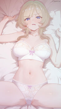Rule 34 | 1girl, absurdres, bed sheet, bra, breasts, brown hair, commentary, genshin impact, highres, large breasts, looking at viewer, lying, medium hair, navel, neurotic neko, on back, on bed, paid reward available, panties, parted lips, purple eyes, sandrone (genshin impact), sheet grab, solo, stomach, thighs, underwear, underwear only, white bra, white panties