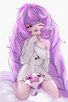 1girl absurdres animal_ears bed_sheet blush collarbone cow_ears fang feet highres horns long_hair looking_at_viewer mini_moo mole moomin moomintroll muu_muyu off-shoulder_shirt off_shoulder one_eye_closed open_mouth oversized_clothes oversized_shirt phase_connect pink_eyes purple_hair risha shirt shirt_slip sitting skin_fang socks thighs virtual_youtuber wariza