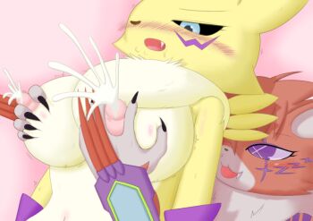 +_+ 10s 2girls armor blue_eyes blush breasts claws digimon digimon_adventure_tri. fangs fur_collar furry glowing_markings grabbing_another's_breast groping inupote lactation meicrackmon_vicious_mode multiple_girls navel neon_trim nipples purple_eyes renamon sharp_nails