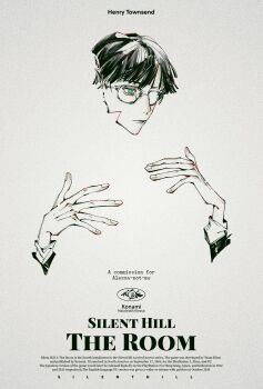 1boy character_name closed_mouth commission copyright_name english_text fingernails glasses green_eyes henry_townshend highres hug macdeathone male_focus movie_poster second-party_source short_hair silent_hill_(series) silent_hill_4:_the_room simple_background the_lobster white_background