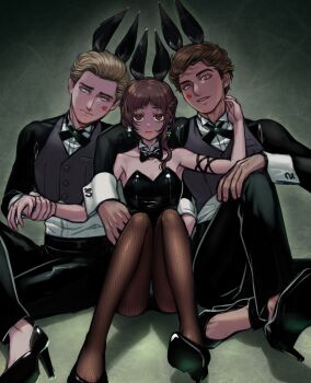 1girl 2boys absurdres alternate_costume animal_ears black_leotard blind blonde_hair bow bowtie brown_hair detached_collar earrings fake_animal_ears fishnet_pantyhose fishnets formal_clothes freckles harry_potter_(series) highres hogwarts_legacy jewelry leotard multiple_boys ominis_gaunt pantyhose playboy_bunny protagonist_(hogwarts_legacy) rabbit_ears sakurahanadoki sebastian_sallow short_hair sitting strapless strapless_leotard suit wizarding_world